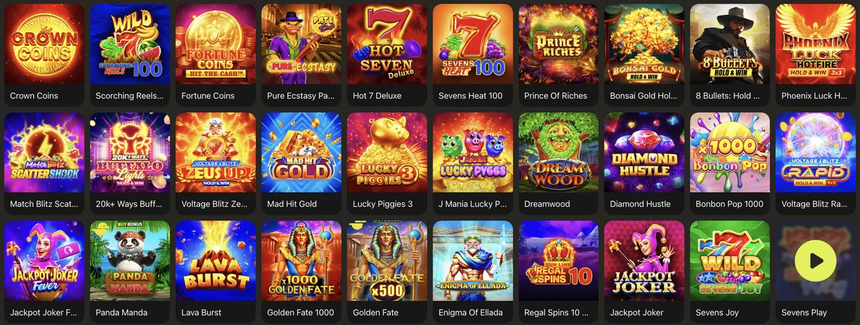 Розділ «Джекпоти» в Парік 24: Crown Coins, Scorching Reels 100, Fortune Coins, Hot 7 Deluxe, Sevens Heat 100, Prince of Riches, Bonsai Gold, 8 Bullets, Phoenix Luck Hotfire, Match Blitz Scatter Shock, 20k+ Ways Buffalo Lights, Voltage Blitz Zeus Up, Mad Hit Gold, Lucky Piggies 3, Dreamwood, Diamond Hustle, Bonbon Pop 1000, Voltage Blitz Rapid, Jackpot Joker Fever, Panda Manda, Lava Burst, Golden Fate 1000, Enigma of Ellada, Regal Spins 10, Jackpot Joker, Sevens Joy, Sevens Play