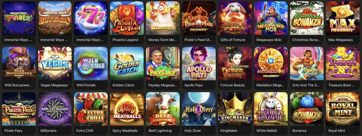 Розділ Megaways у Парік 24: Immortal Ways Piñata і Buffalo, Phoenix Legend, Money Farm, Pirate's Pearl, Megaways Mob, Max Megaways, Wild Buccaneers, Vegas Megaways, Wild Portals, Golden Catch, Payday, Apollo Pays, Medallion, Treasure Bowl, Pirate Pays, Millionaire, Extra Chilli, Spicy Meatballs, Beef Lightning, Holy Diver, KingMaker, White Rabbit, Bonanza, Royal Mint